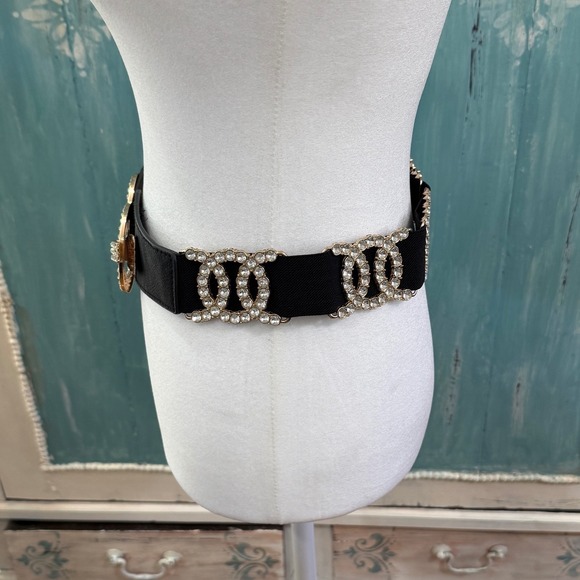 Unbranded Black Elastic Waist Belt Gold Rhinestone Double Circle Buckle Womens - Picture 2 of 7